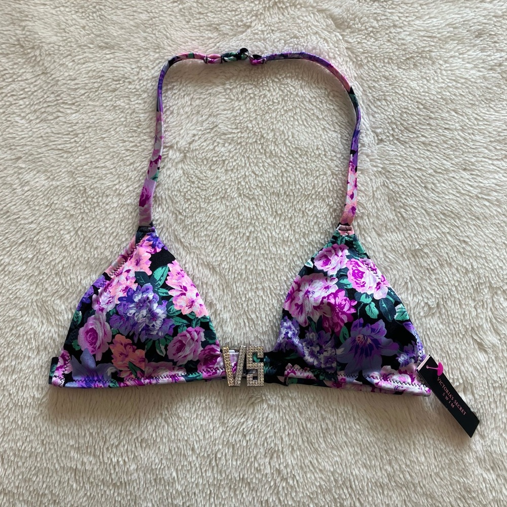NWT VS Swim Shine Triangle Halter Bikini Top Floral Black XS